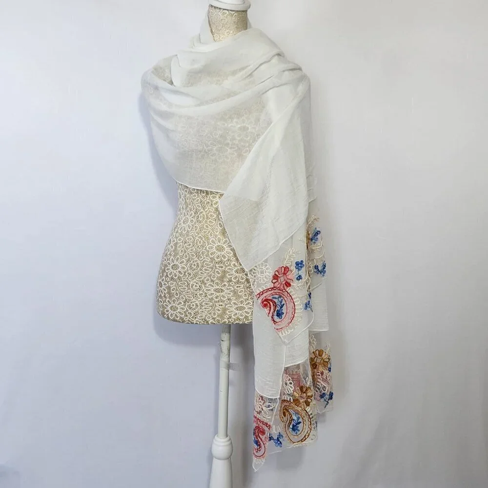 Scarf Women's Rectangle White Detailed Floral Embroidered Linen Blend Boho City